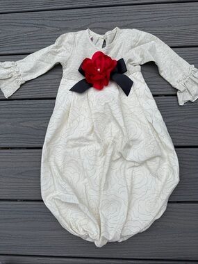 Cream Floral Bubble Nightgown with Red Flower and Black Bow